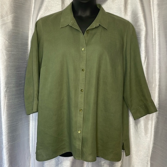 Coldwater Creek Women’s 1X Linen Green 3/4 Sleeve Button Up Shirt - Picture 1 of 9